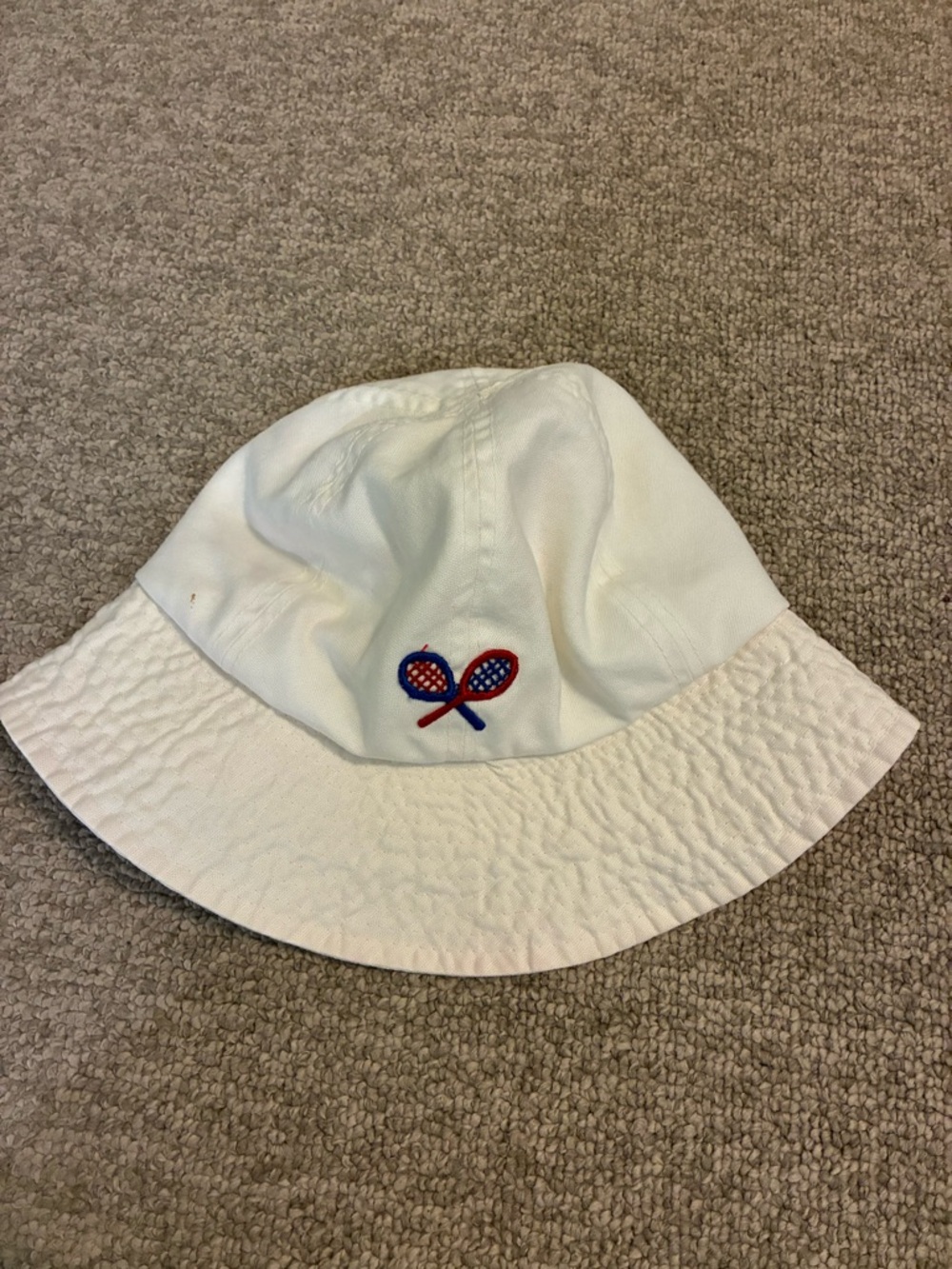 Kids White vintage Betmar Bucket Hat with Red and Blue Tennis Racket Embroidery